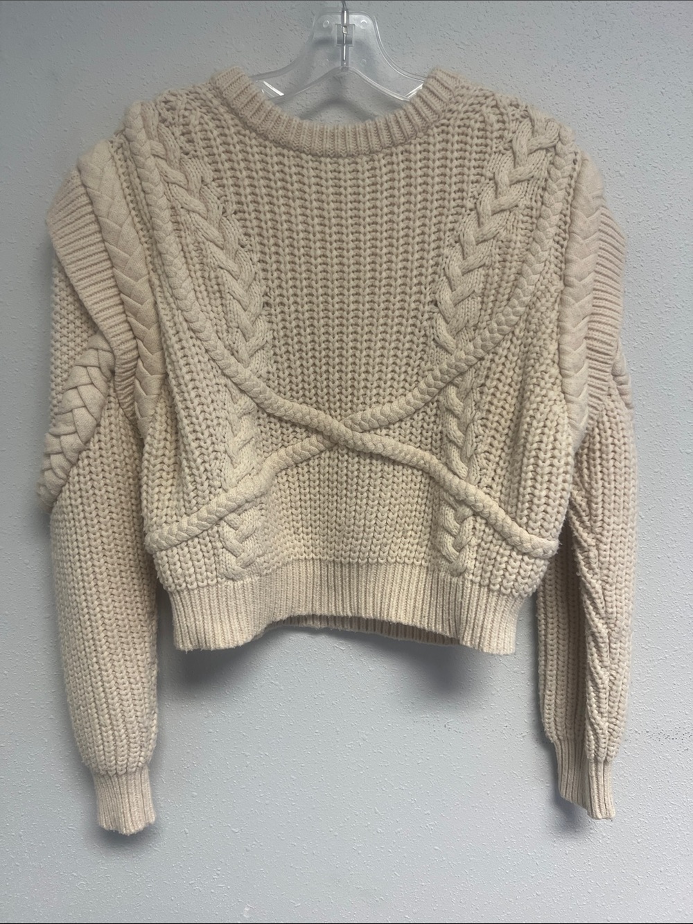 Ronny Kobo Collection Cream Cable Knit Cropped Crew Sweater